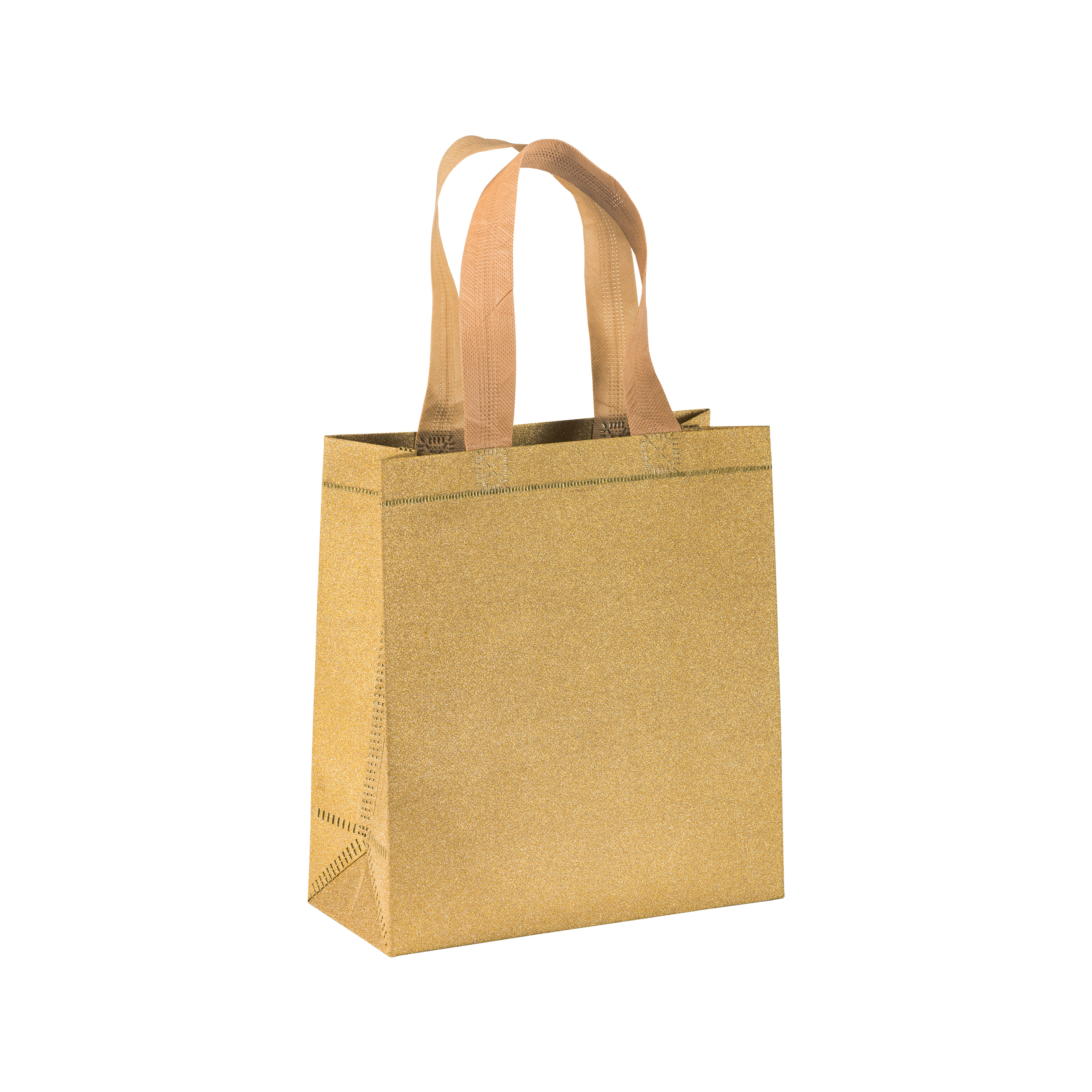 Shopper mini con soffietto in TNT laminato glitter 100 g/m2 termosaldato, manici corti