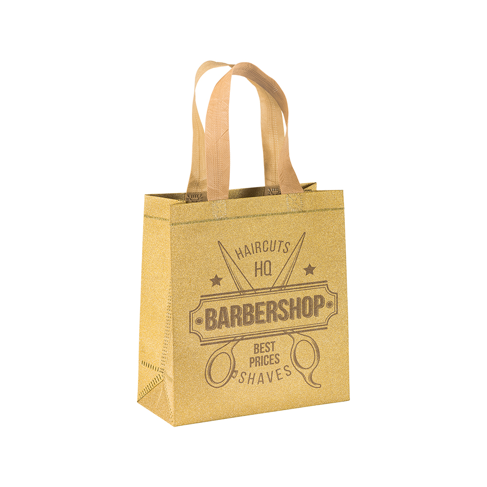 Shopper mini con soffietto in TNT laminato glitter 100 g/m2 termosaldato, manici corti