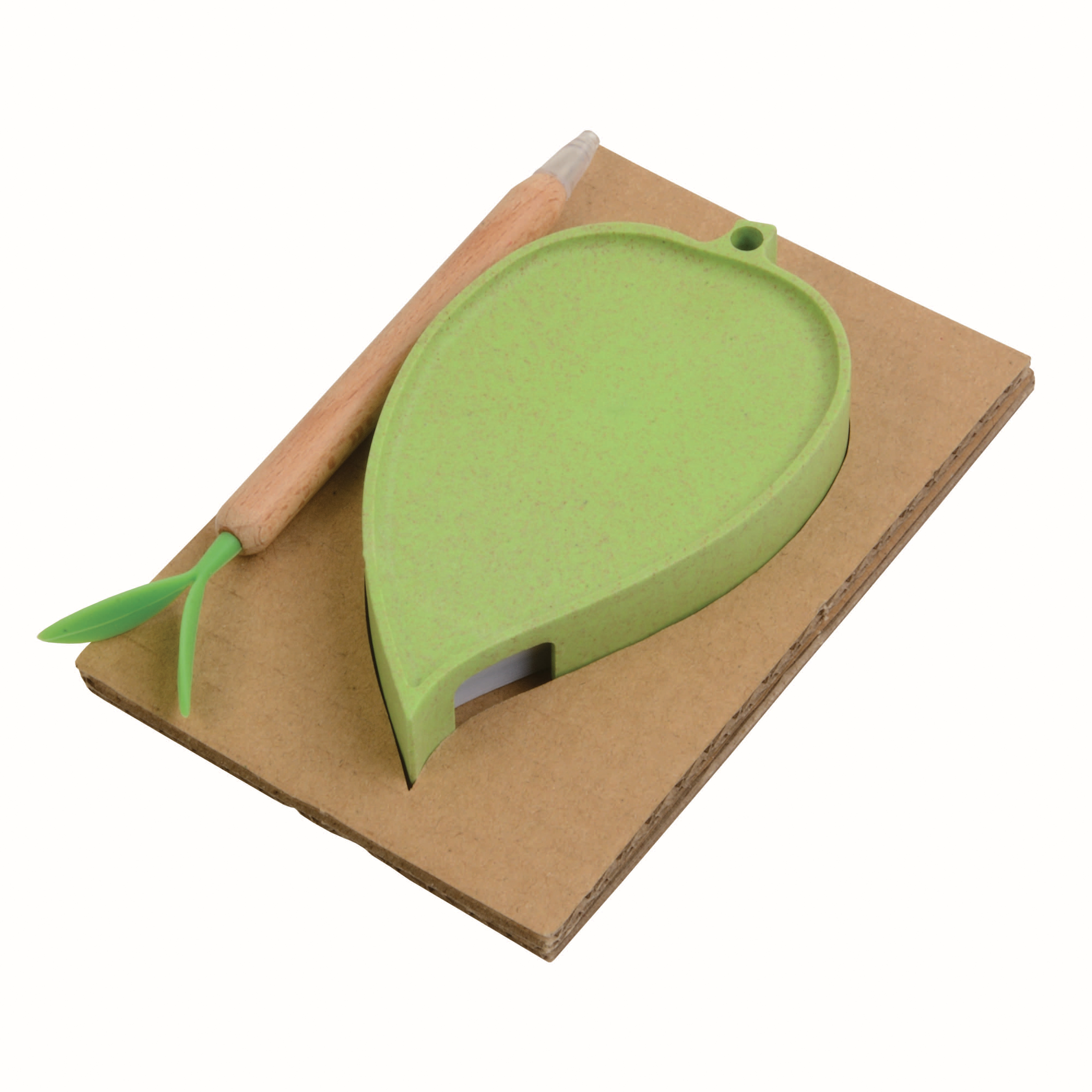 Set con penna in legno, porta foglietti in paglia di grano e PP e blocchetto per appunti