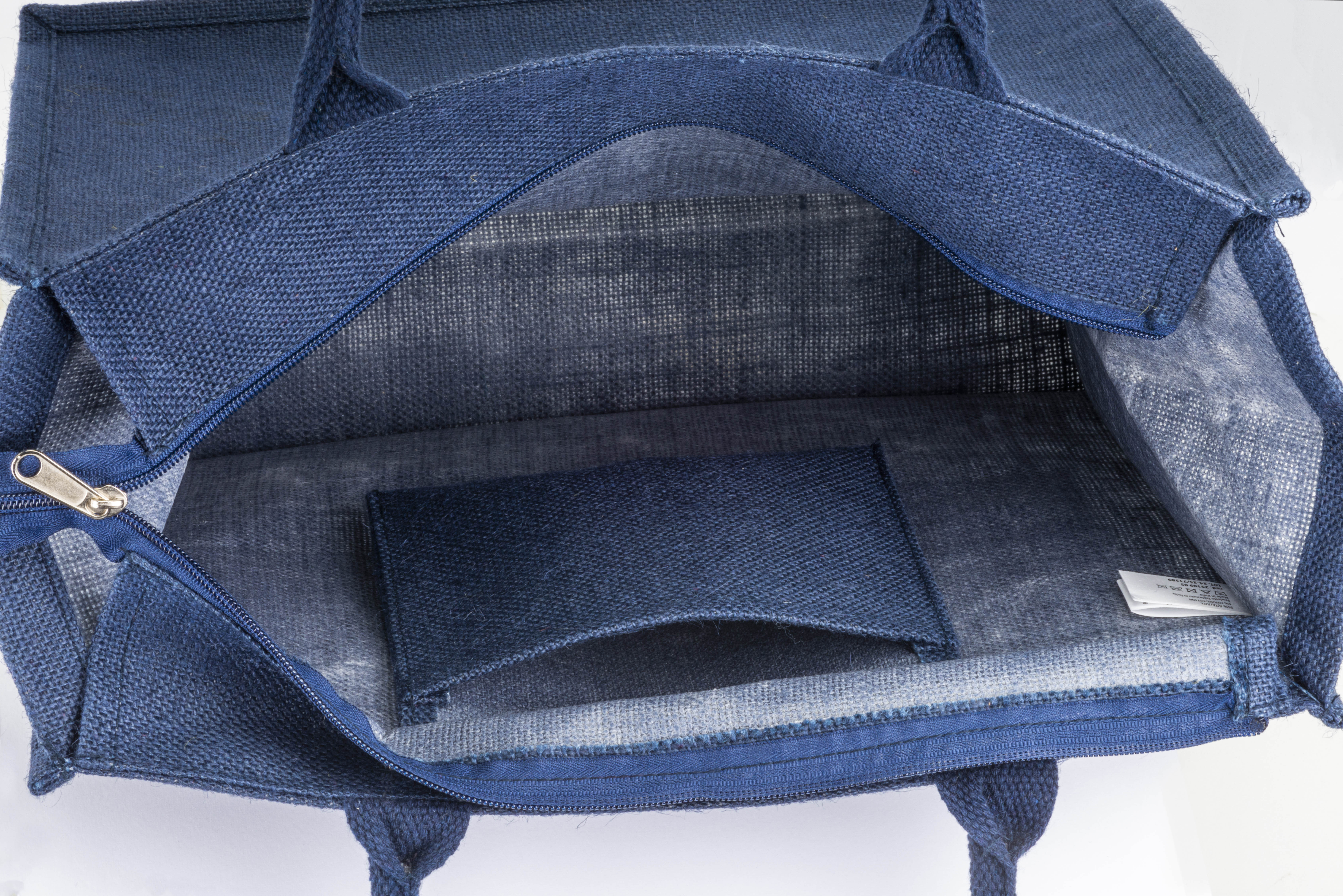 Borsa in juta con manici in cotone. Dotata di chiusura a zip