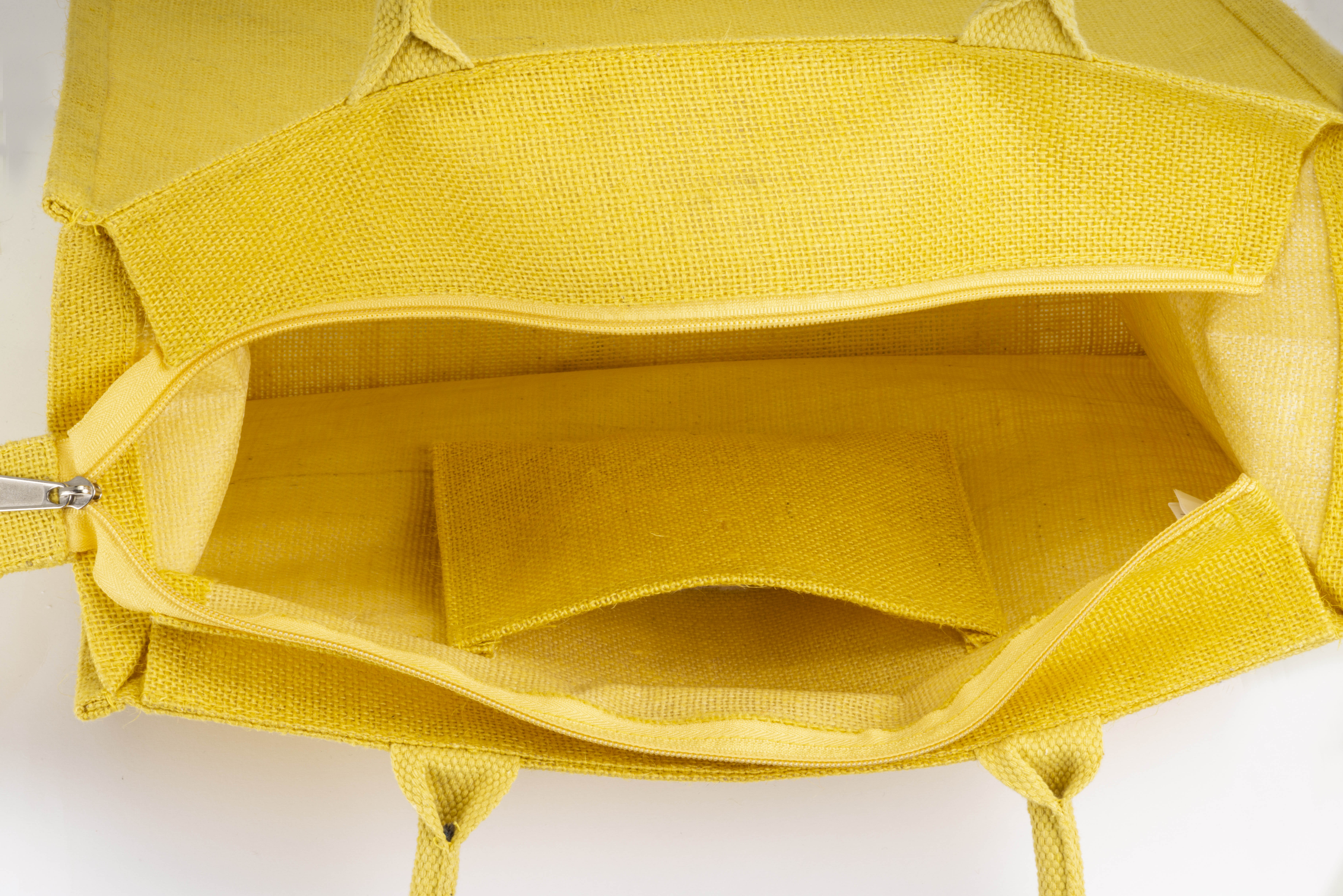 Borsa in juta con manici in cotone. Dotata di chiusura a zip