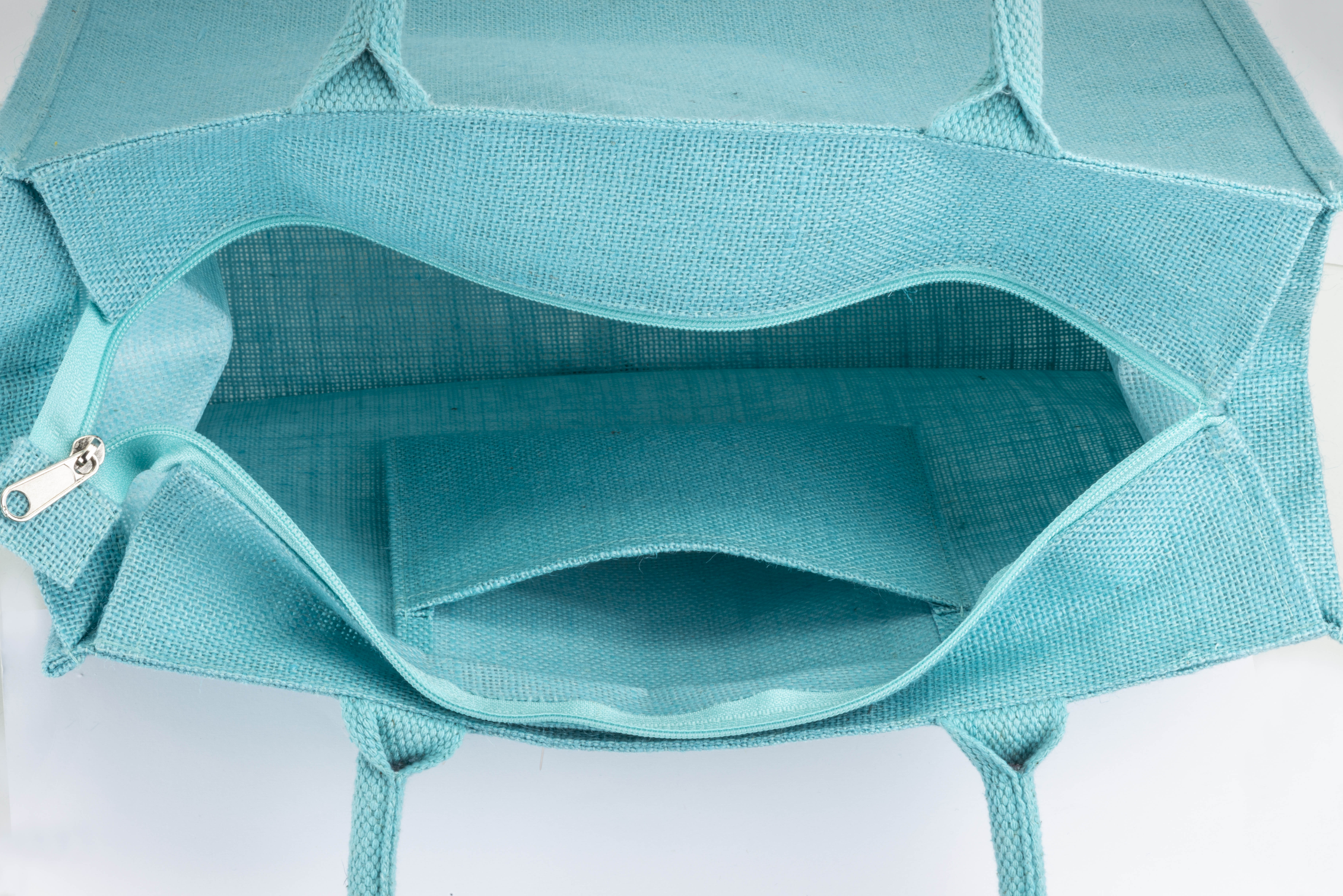 Borsa in juta con manici in cotone. Dotata di chiusura a zip