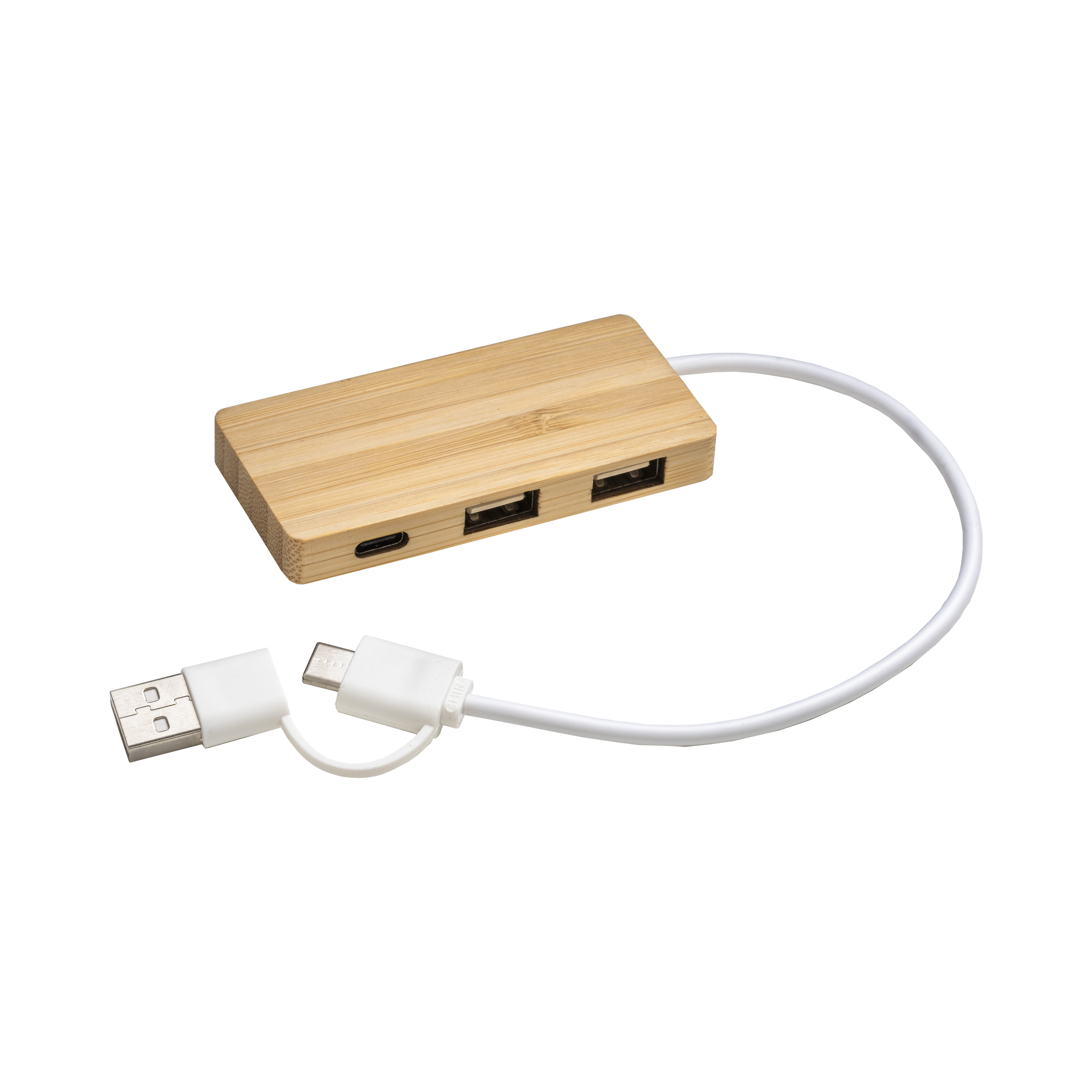 Hub  USB in bambù con 2 porte USB A e una porta type C, cavo integrato USB A e USB C