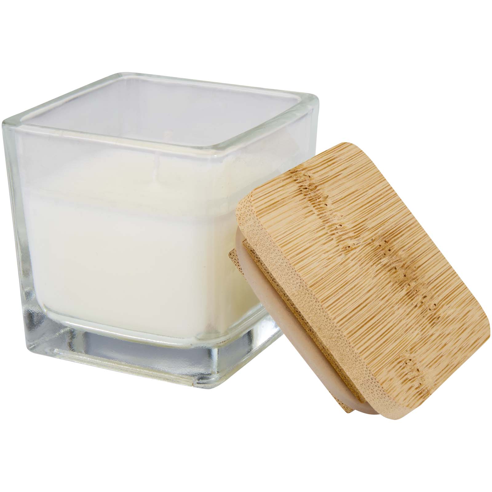 Candela quadrata in vetro con coperchio in bambù Ambra