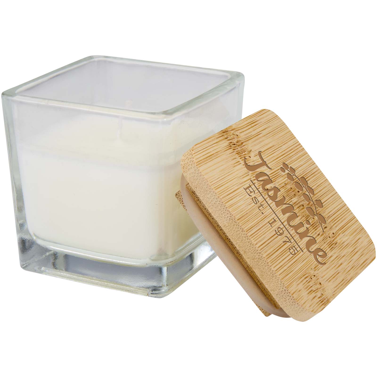 Candela quadrata in vetro con coperchio in bambù Ambra