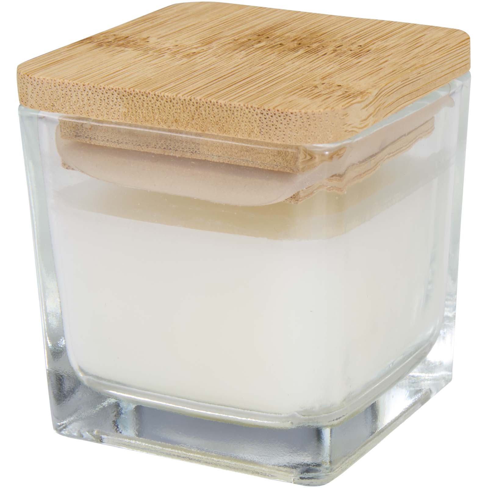 Candela quadrata in vetro con coperchio in bambù Ambra