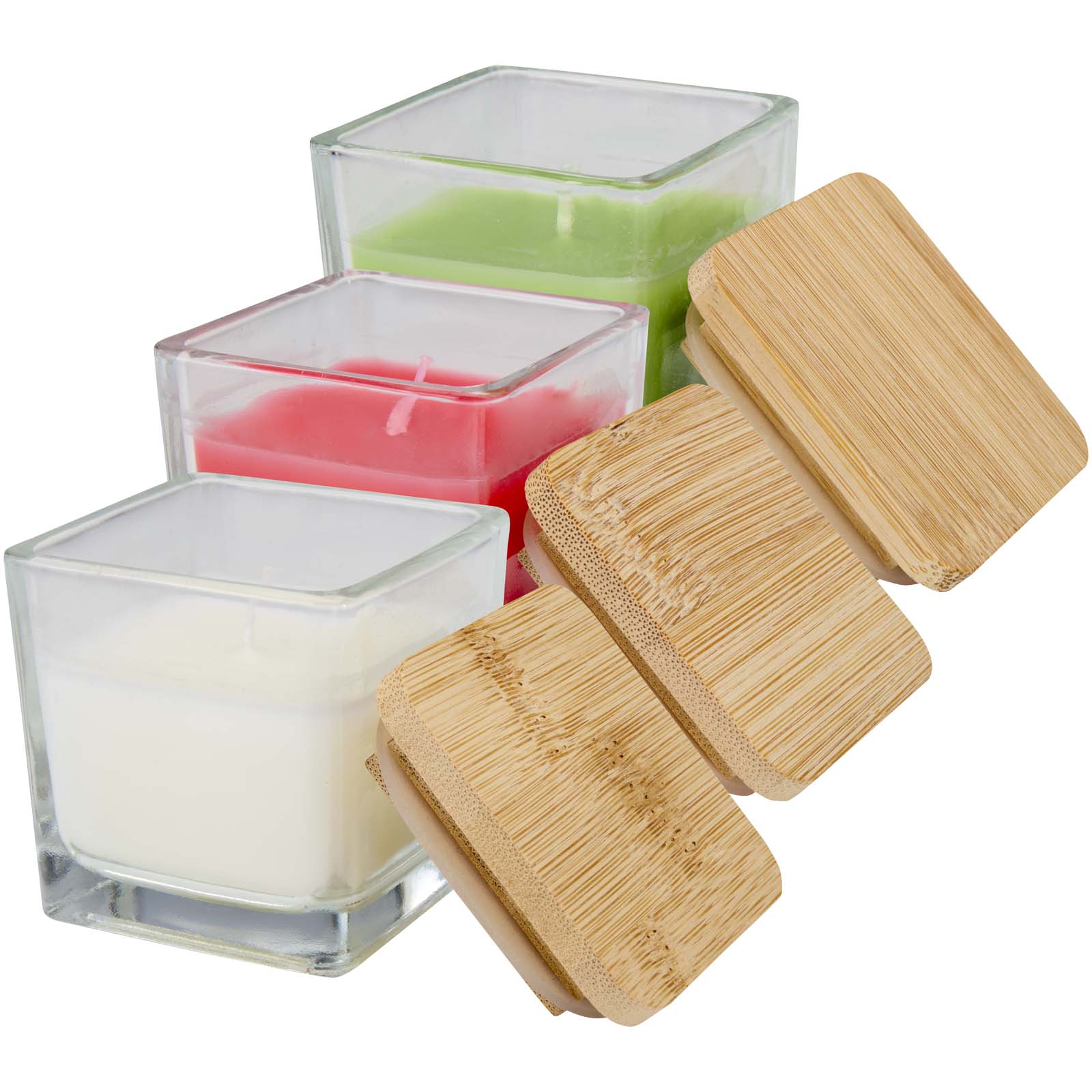 Candela quadrata in vetro con coperchio in bambù Ambra