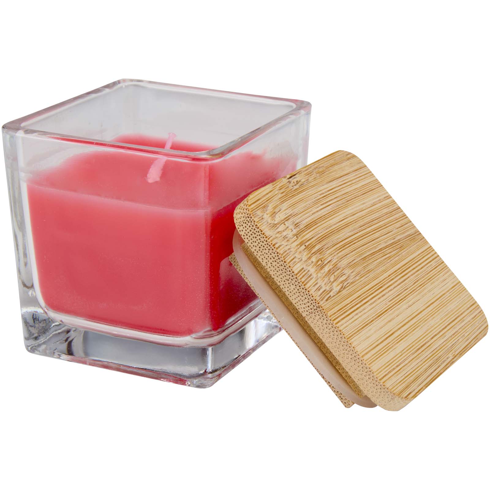 Candela quadrata in vetro con coperchio in bambù Ambra