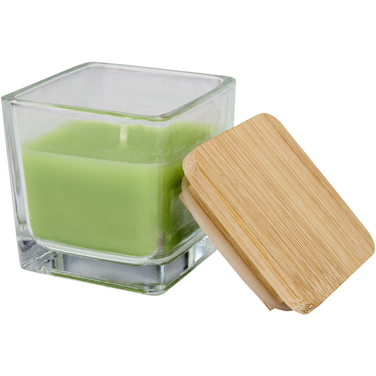 Candela quadrata in vetro con coperchio in bambù Ambra