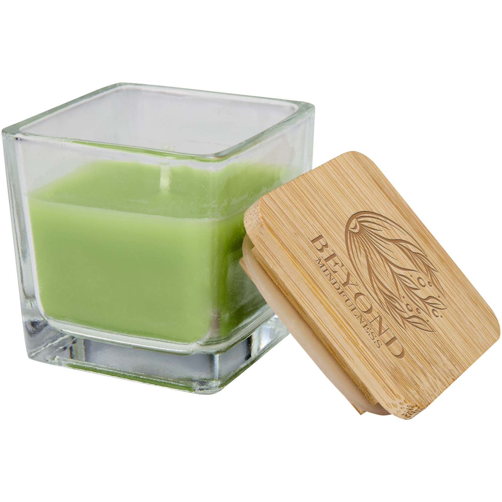 Candela quadrata in vetro con coperchio in bambù Ambra
