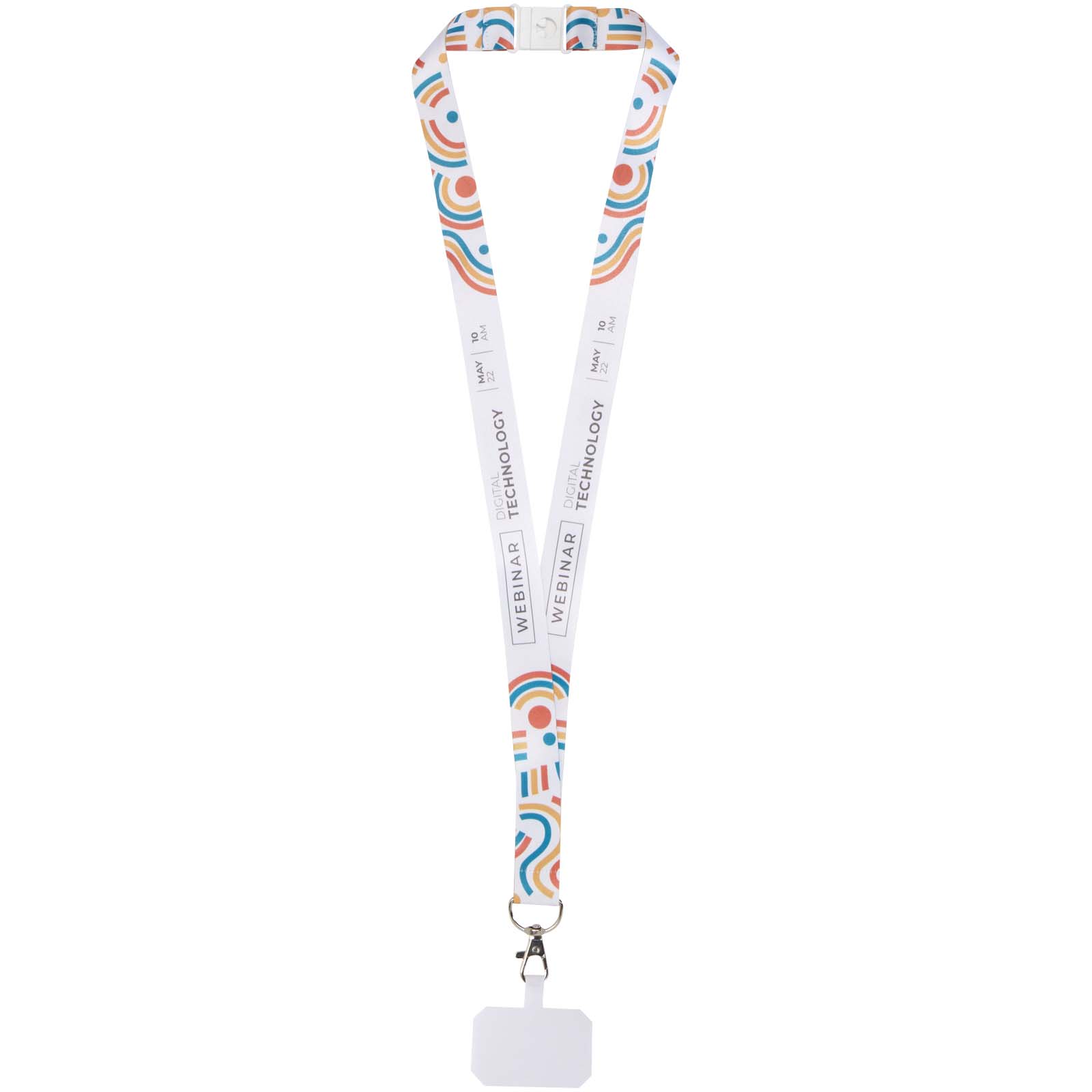 Lanyard in PET riciclato con stampa a sublimazione, supporto per il telefono e meccanismo di sicurezza Addie