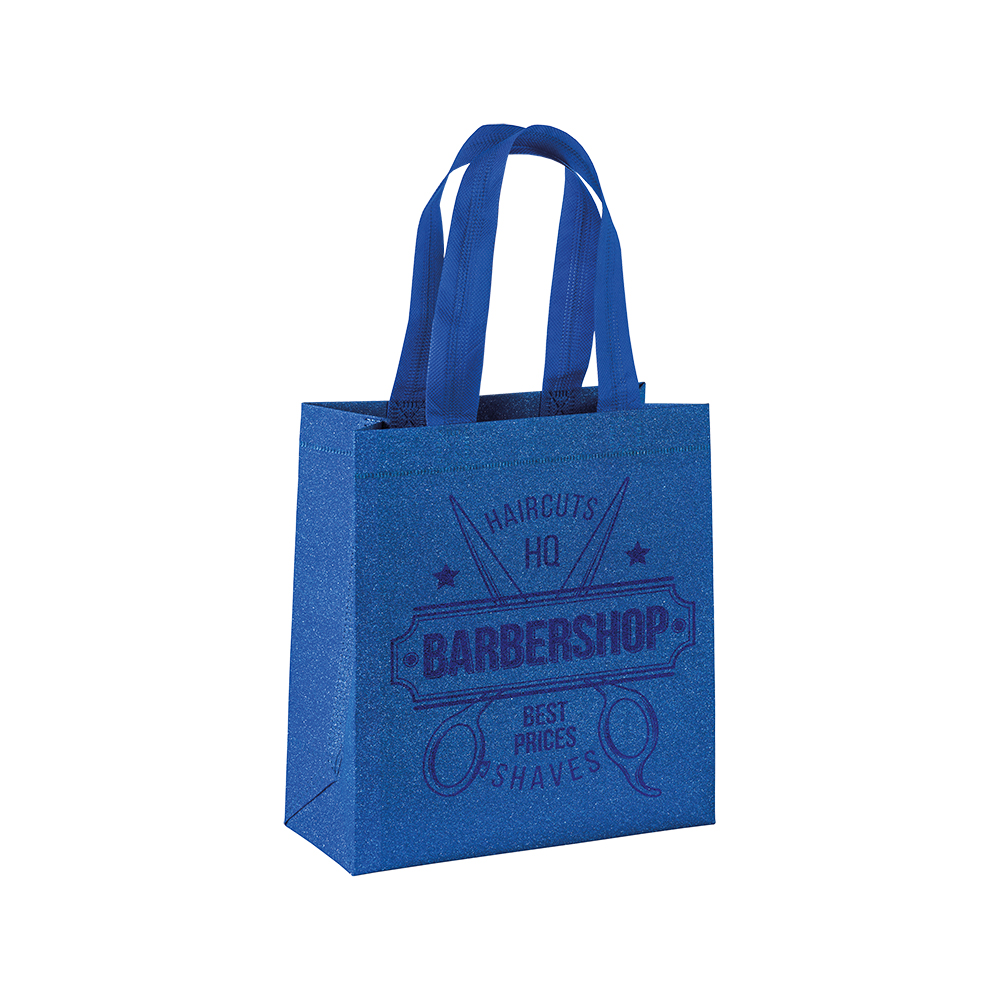 Shopper mini con soffietto in TNT laminato glitter 100 g/m2 termosaldato, manici corti