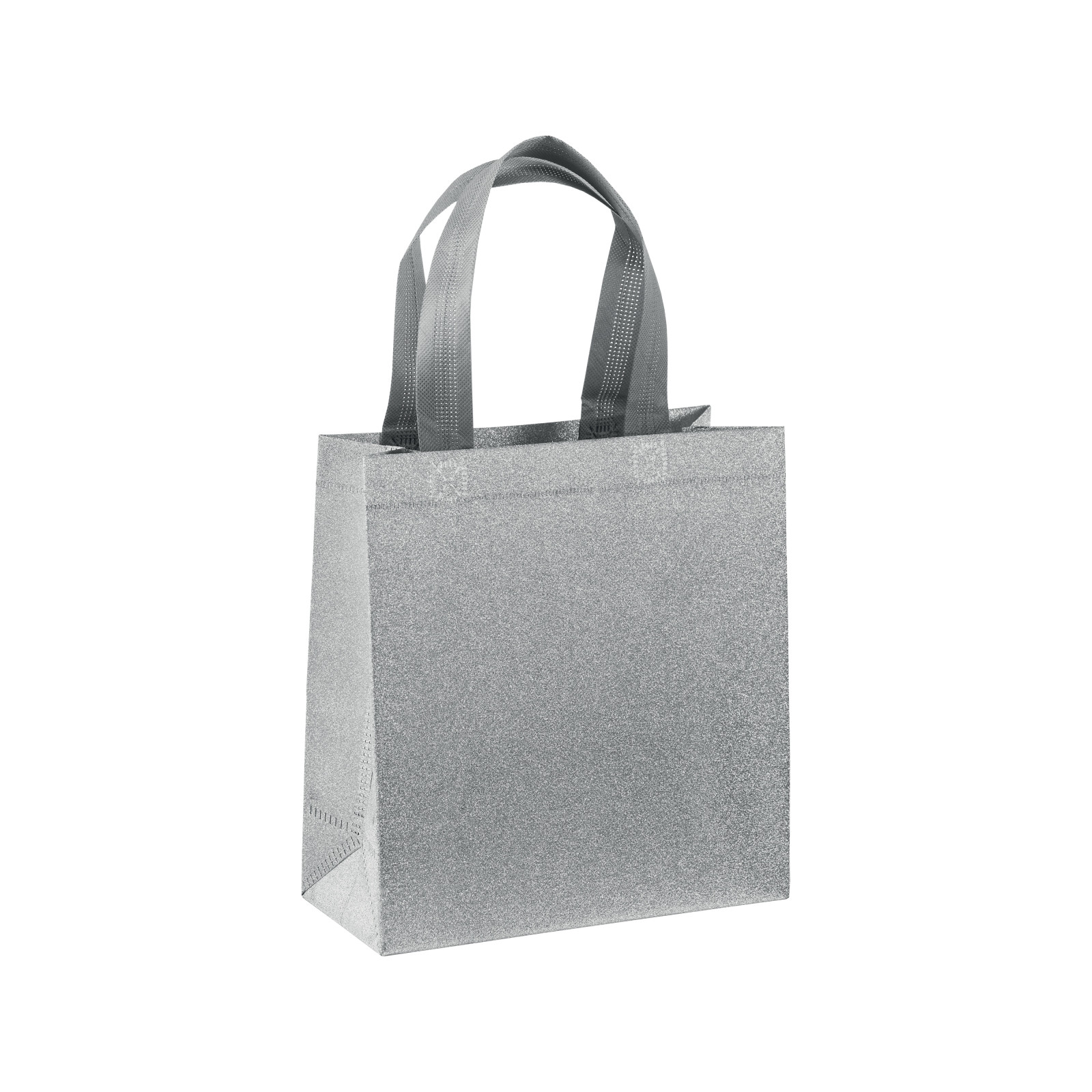 Shopper mini con soffietto in TNT laminato glitter 100 g/m2 termosaldato, manici corti