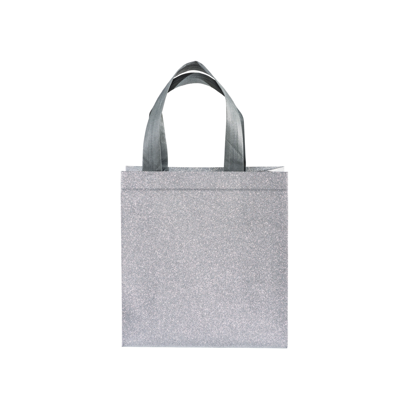 Shopper mini con soffietto in TNT laminato glitter 100 g/m2 termosaldato, manici corti