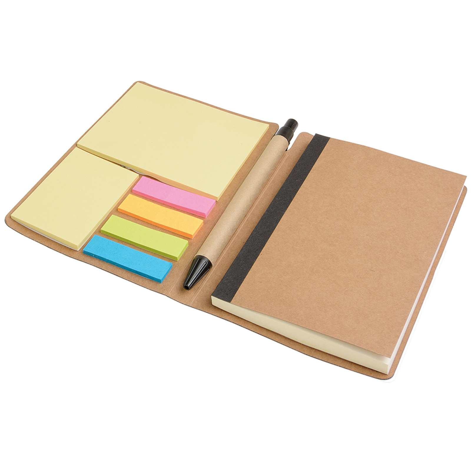 Block notes in PU  con elastico colorato, penna in cartone e foglietti adesivi