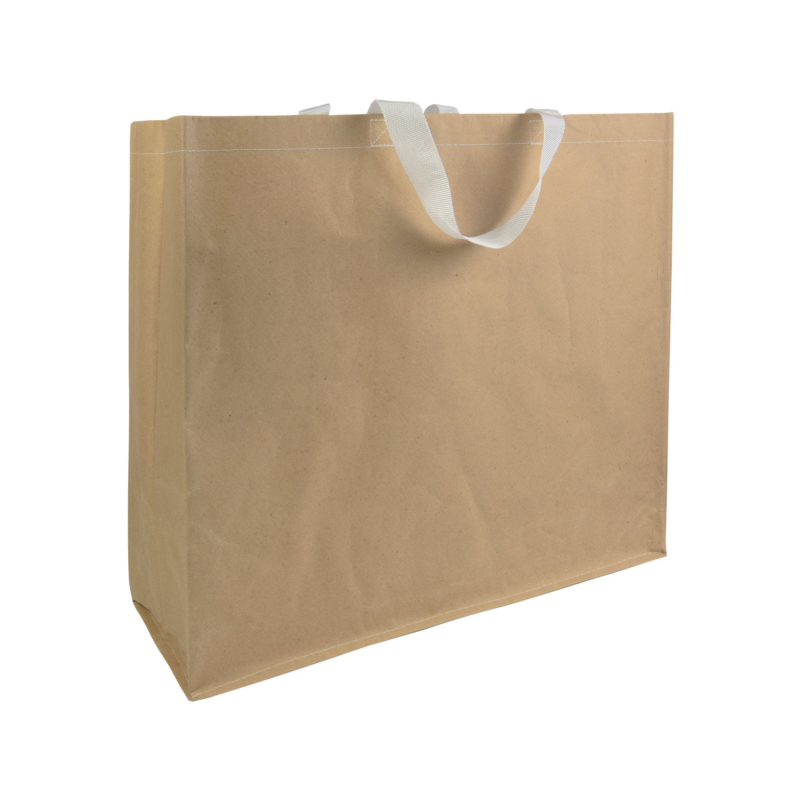 Shopper con soffietto in carta con interno in PP 140 g/m2, manici corti a nastro colorati