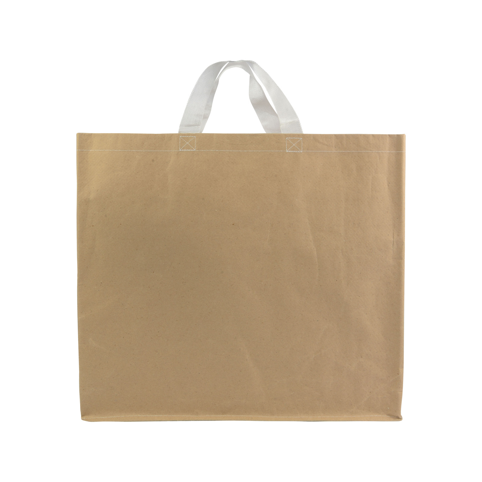 Shopper con soffietto in carta con interno in PP 140 g/m2, manici corti a nastro colorati