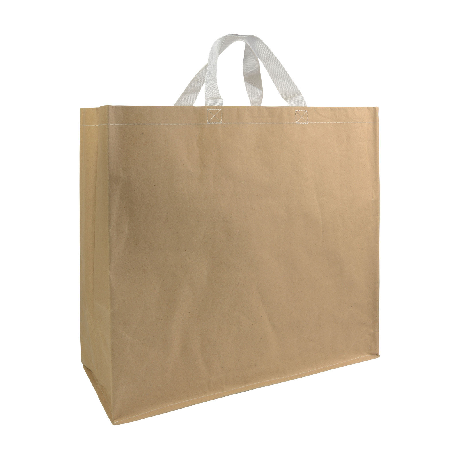 Shopper con soffietto in carta con interno in PP 140 g/m2, manici corti a nastro colorati