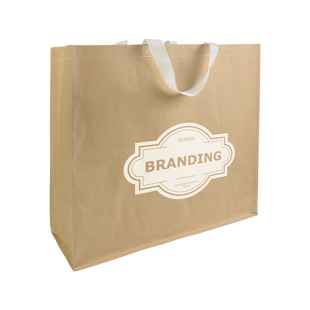 Shopper con soffietto in carta con interno in PP 140 g/m2, manici corti a nastro colorati