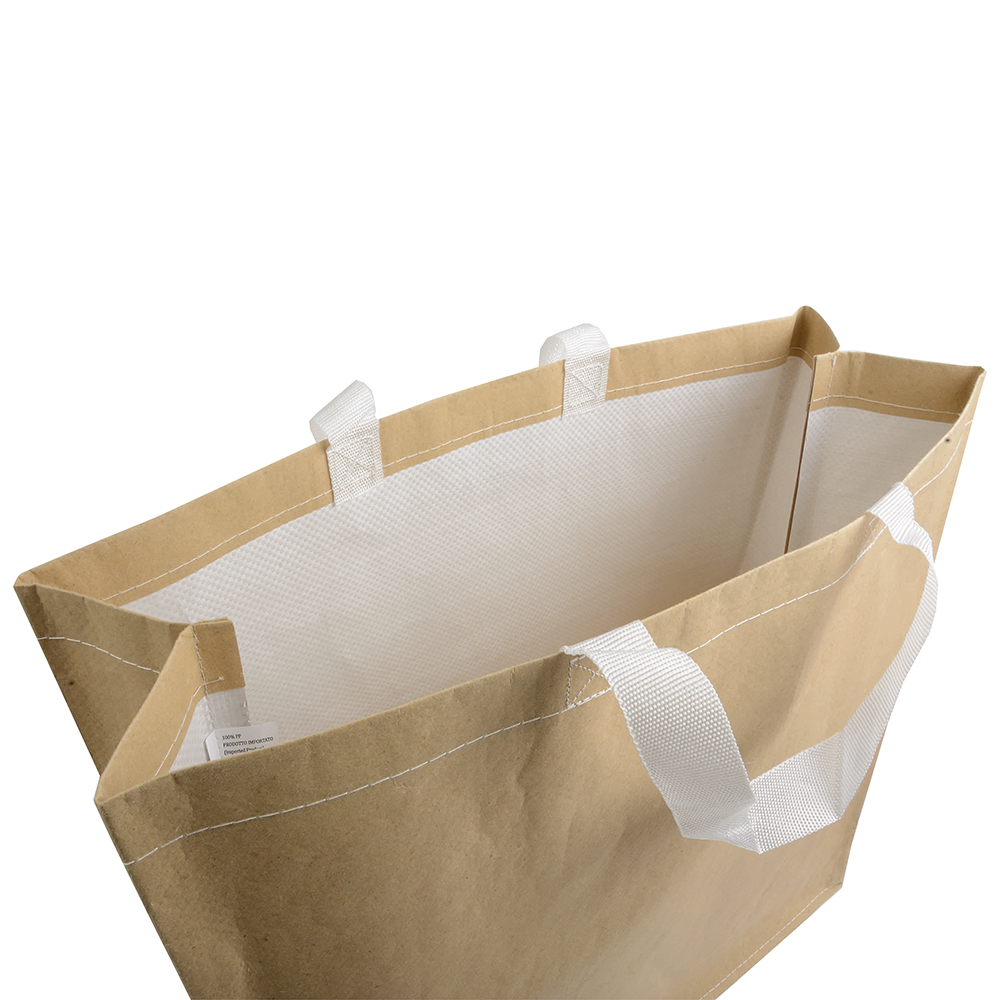 Shopper con soffietto in carta con interno in PP 140 g/m2, manici corti a nastro colorati
