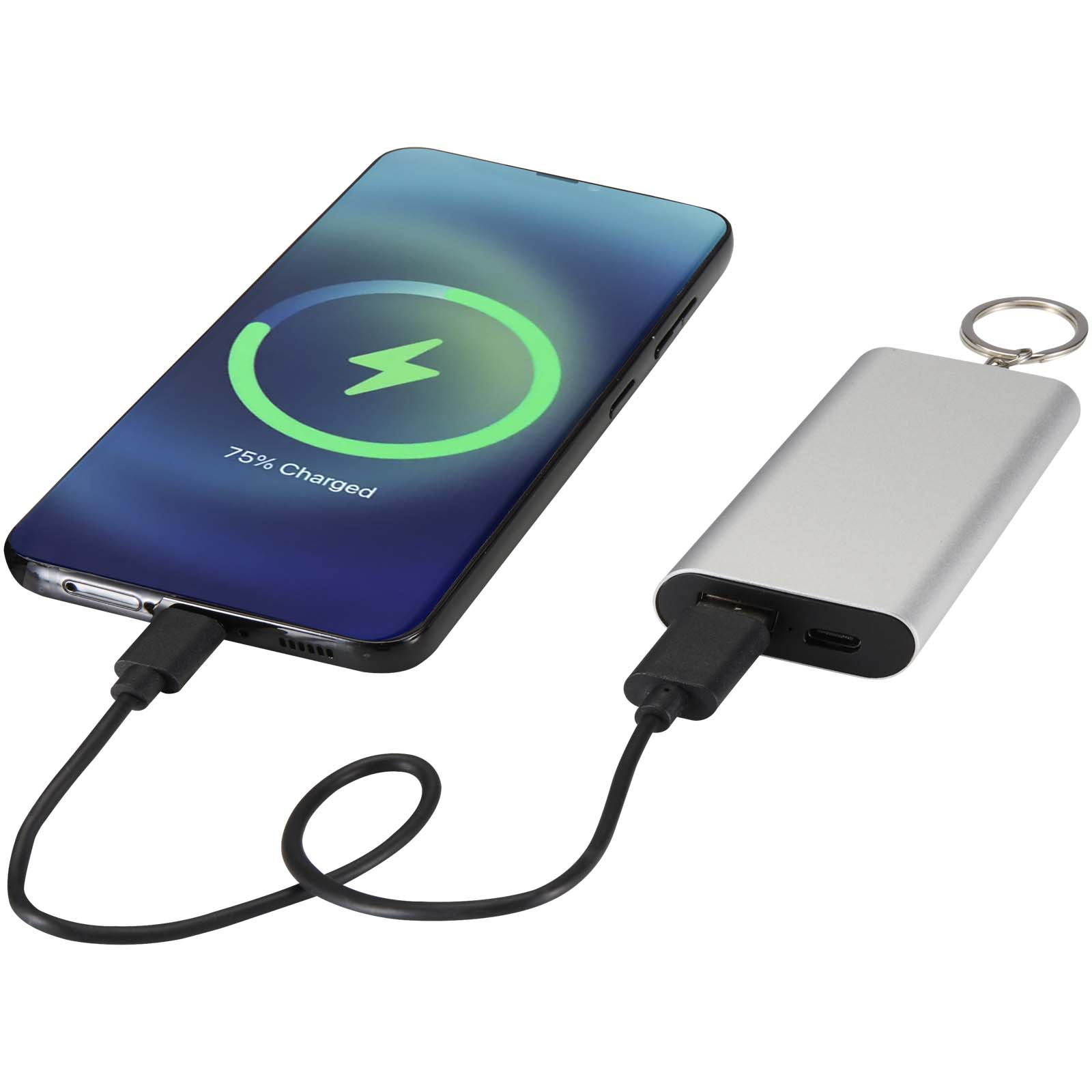 Power bank da 2000 mAh in alluminio riciclato con portachiavi Arcturus