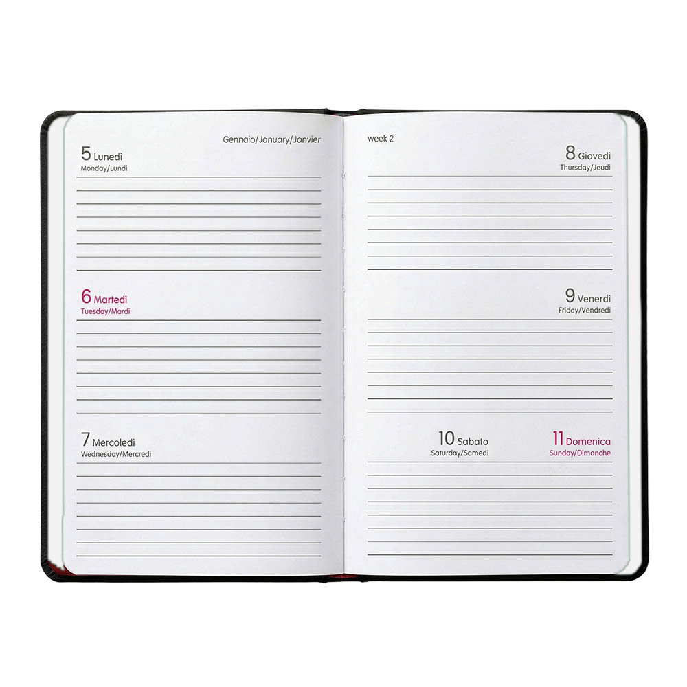 Agenda tascabile settimanale 2027. Copertina flessibile in soft PU e bordo pagine colorato