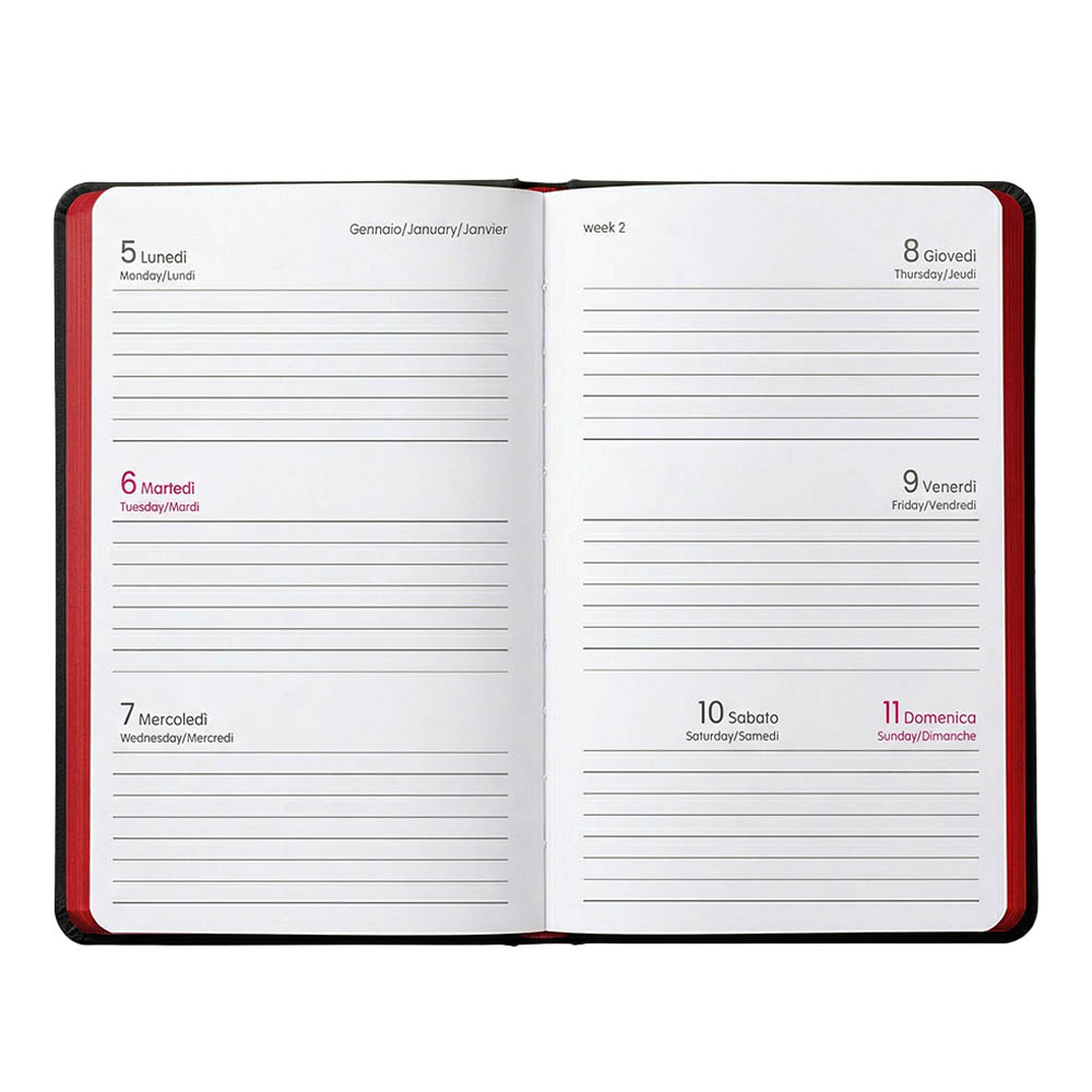 Agenda tascabile settimanale 2027. Copertina flessibile in soft PU e bordo pagine colorato