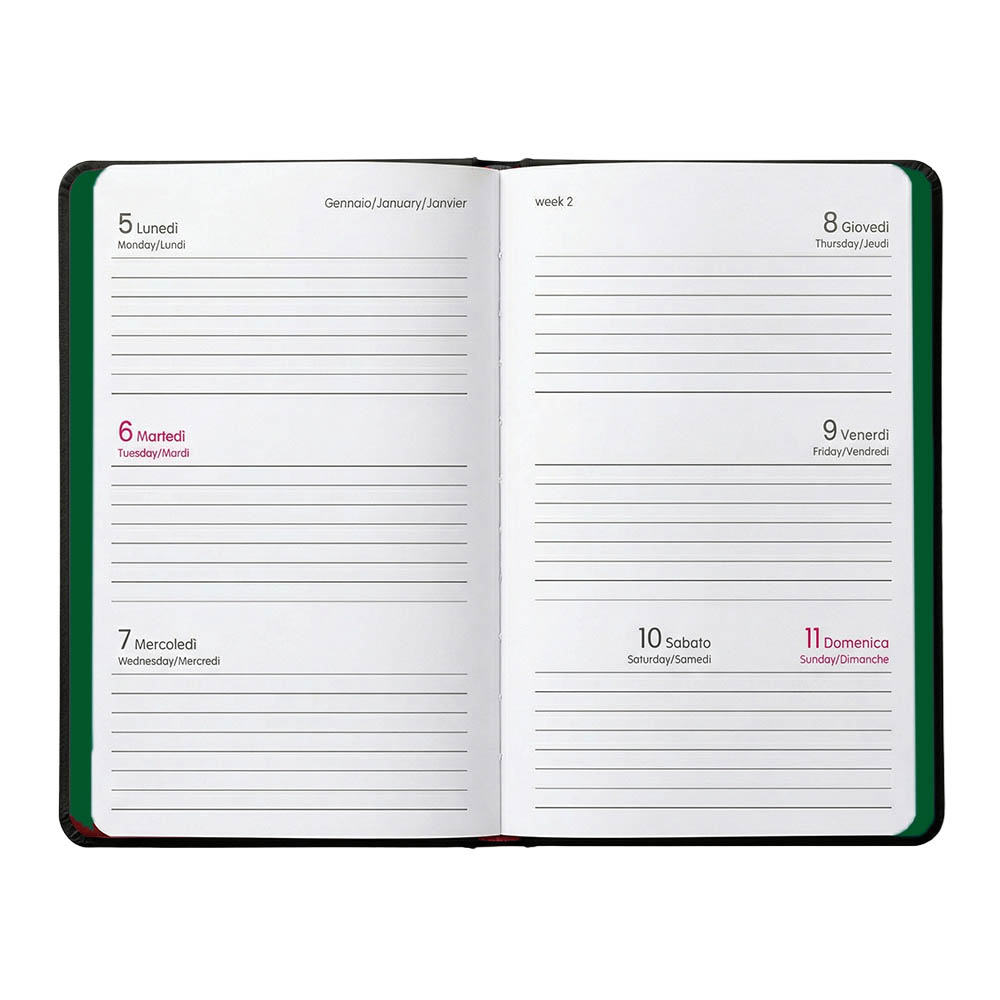Agenda tascabile settimanale 2027. Copertina flessibile in soft PU e bordo pagine colorato
