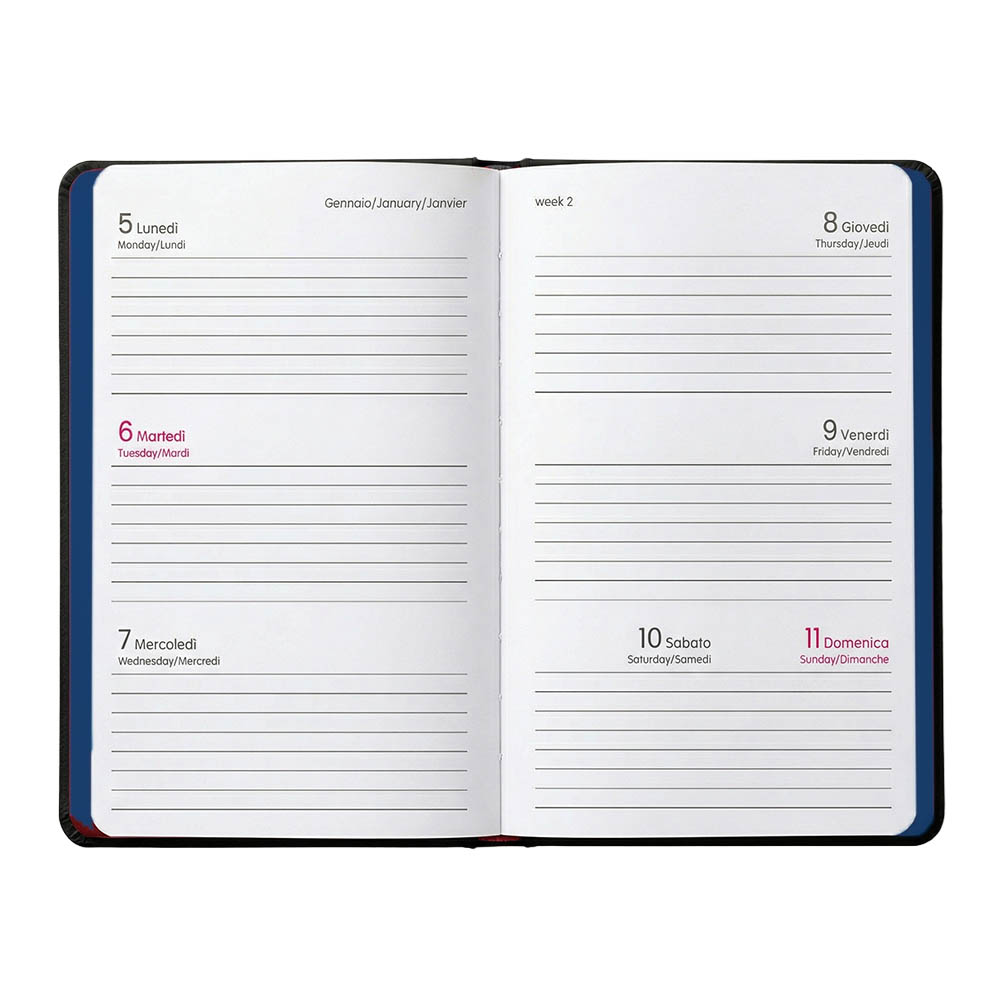 Agenda tascabile settimanale 2027. Copertina flessibile in soft PU e bordo pagine colorato