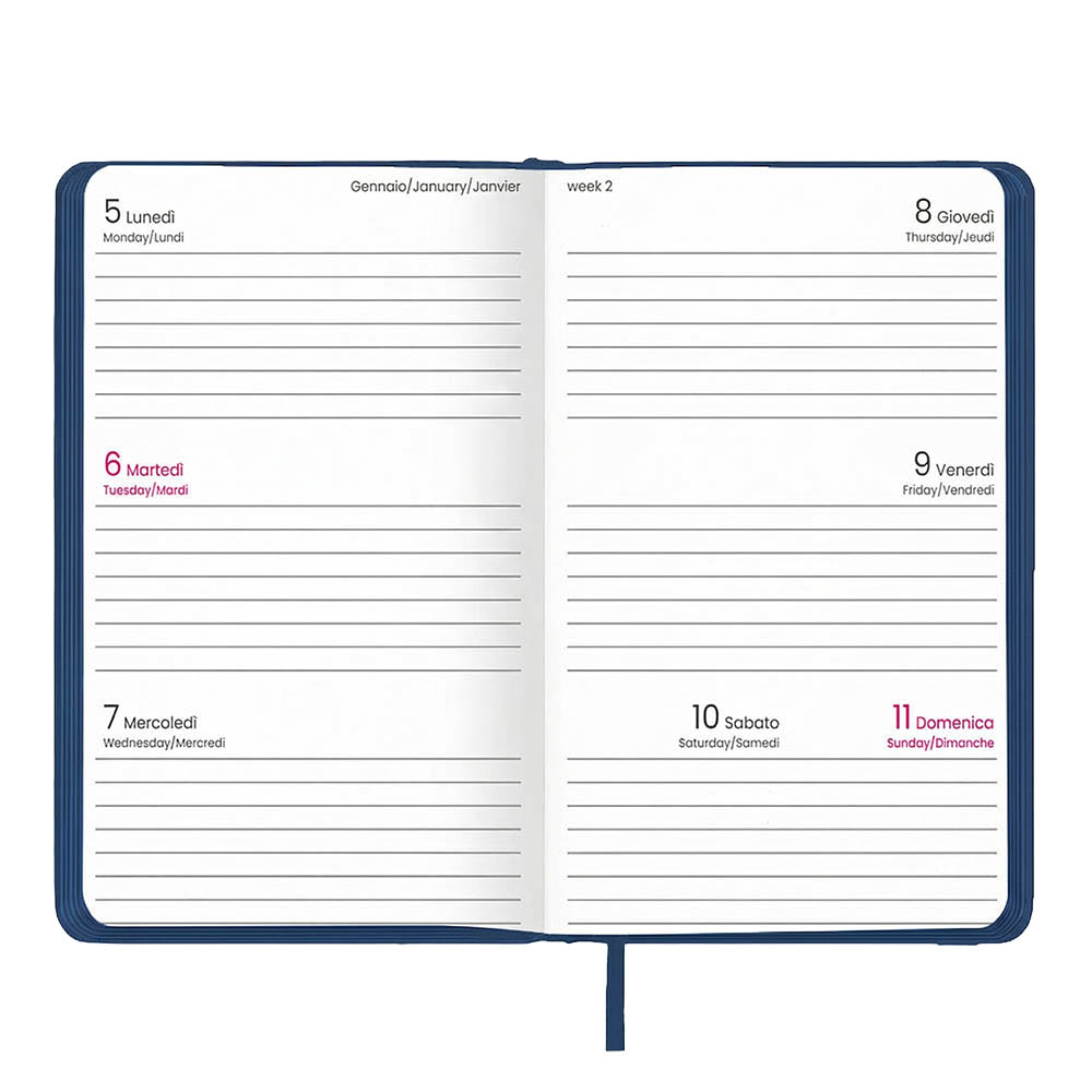 Agenda tascabile settimanale 2027. Copertina rigida in termo PU e bordo pagine colorato
