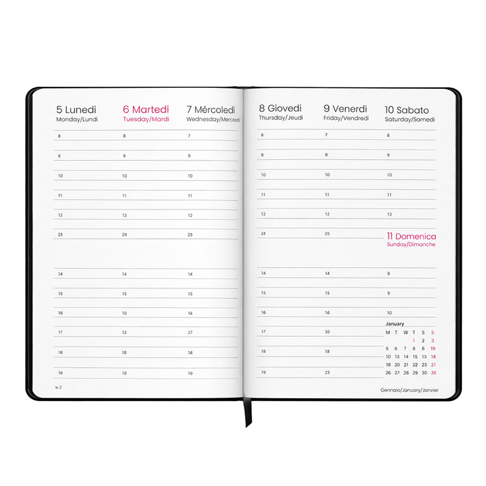 Agenda settimanale 2027. Copertina rigida in cartoncino laminato opaco.