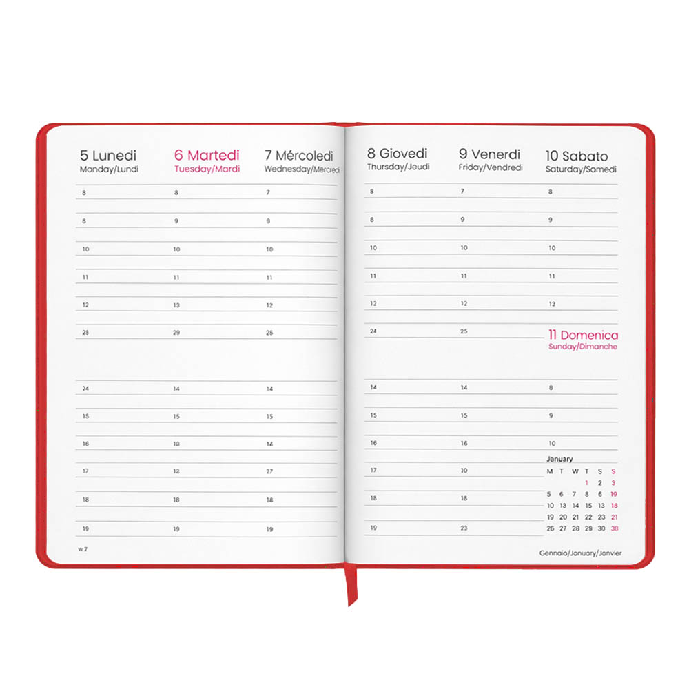 Agenda settimanale 2027. Copertina rigida in cartoncino laminato opaco.