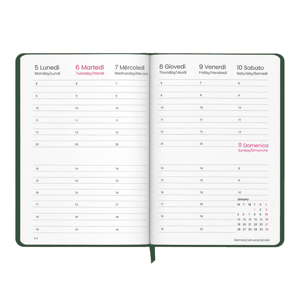 Agenda settimanale 2027. Copertina rigida in cartoncino laminato opaco.