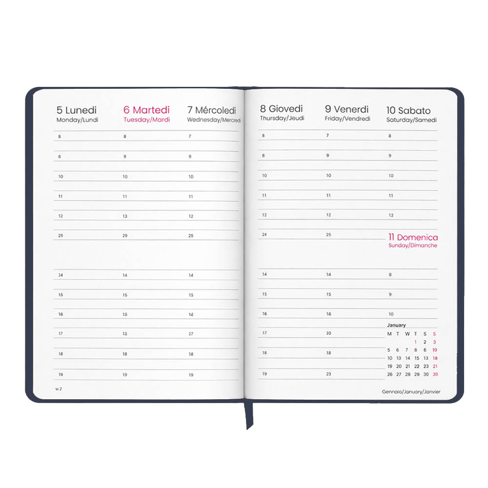 Agenda settimanale 2027. Copertina rigida in cartoncino laminato opaco.