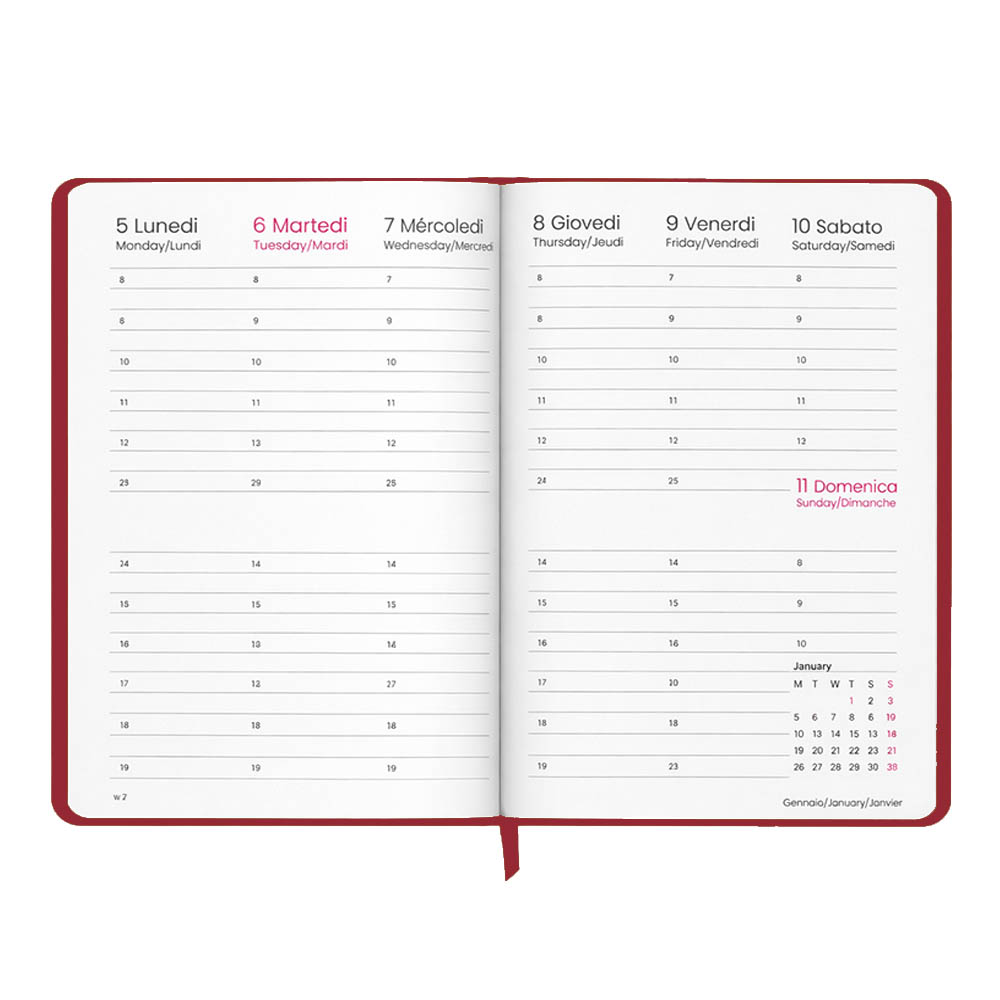 Agenda settimanale 2027. Copertina rigida in cartoncino laminato opaco.