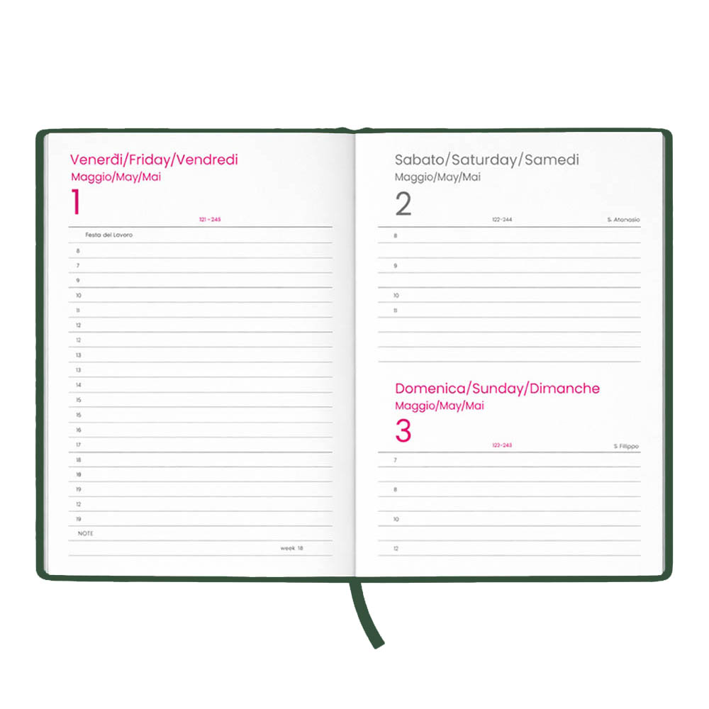 Agenda giornaliera 2027. Copertina rigida in cartoncino laminato opaco.