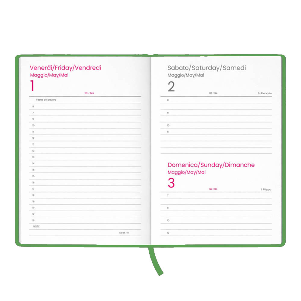 Agenda giornaliera 2027. Copertina rigida in cartoncino laminato opaco.