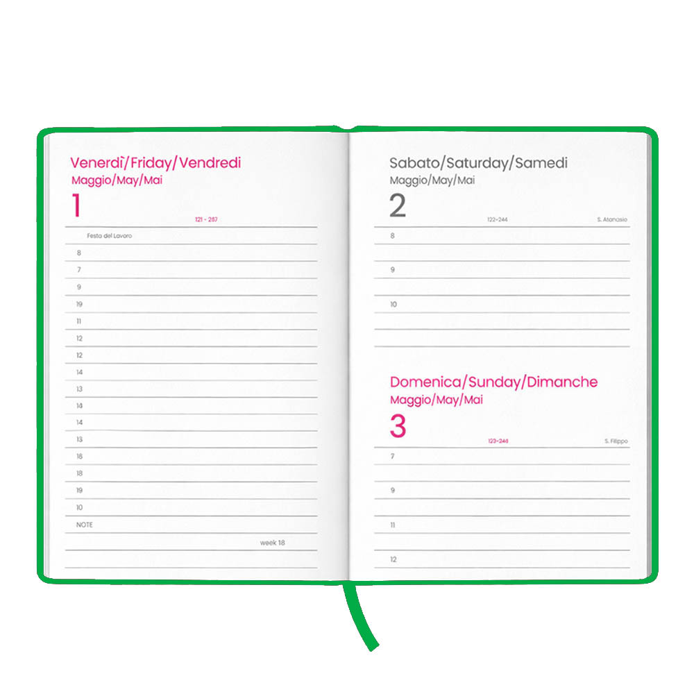 Agenda giornaliera 2027. Copertina rigida in cartoncino laminato opaco.