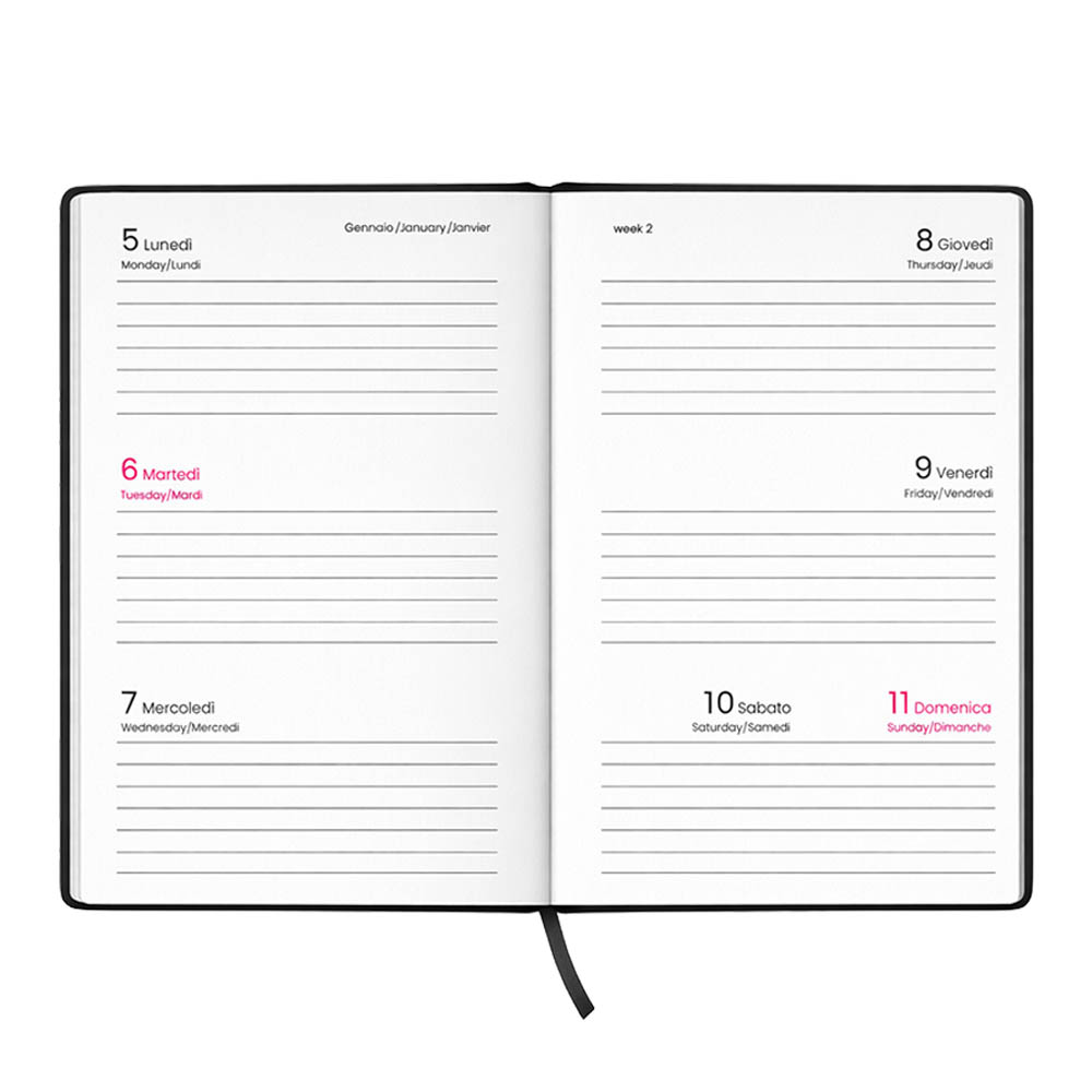 Agenda tascabile settimanale 2027. Copertina rigida in cartoncino laminato opaco