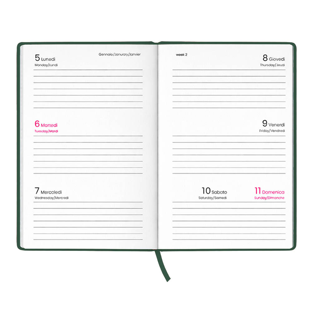 Agenda tascabile settimanale 2027. Copertina rigida in cartoncino laminato opaco