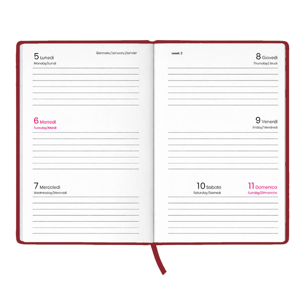 Agenda tascabile settimanale 2027. Copertina rigida in cartoncino laminato opaco