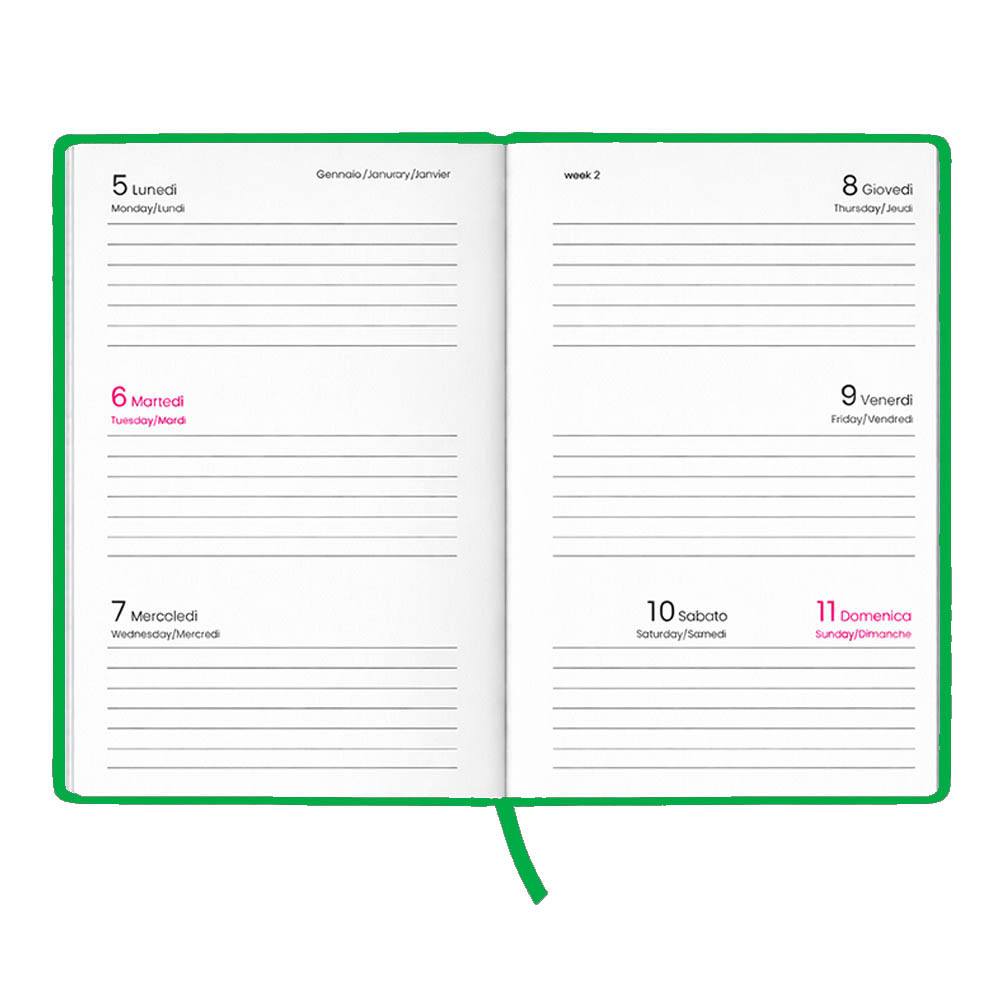 Agenda tascabile settimanale 2027. Copertina rigida in cartoncino laminato opaco