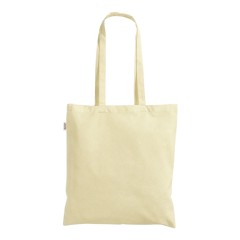 Borsa shopper a tinta unita in cotone riciclato da 140 g/m2. È certificata GRS