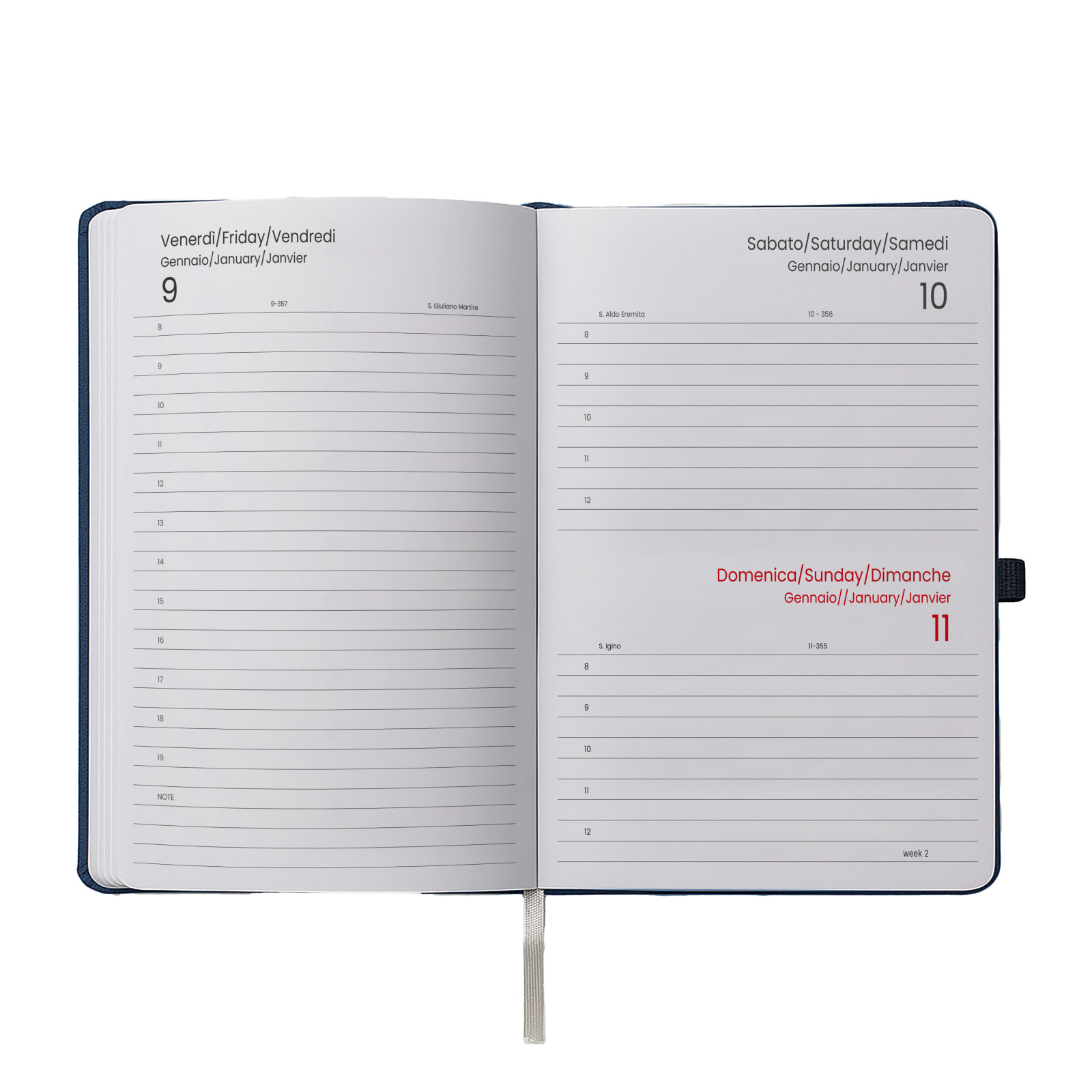 Agenda giornaliera 2027, copertina rigida in PU termovirante con impuntura perimetrale