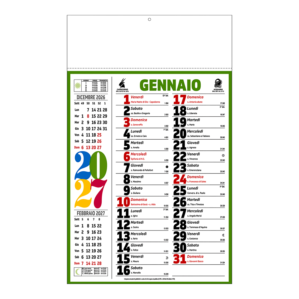 Calendario 2027 da muro mensile multicolore,12 fogli, su carta patinata, termosaldato