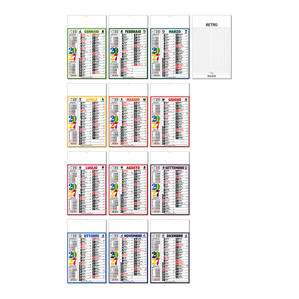 Calendario 2027 da muro mensile multicolore,12 fogli, su carta patinata, termosaldato