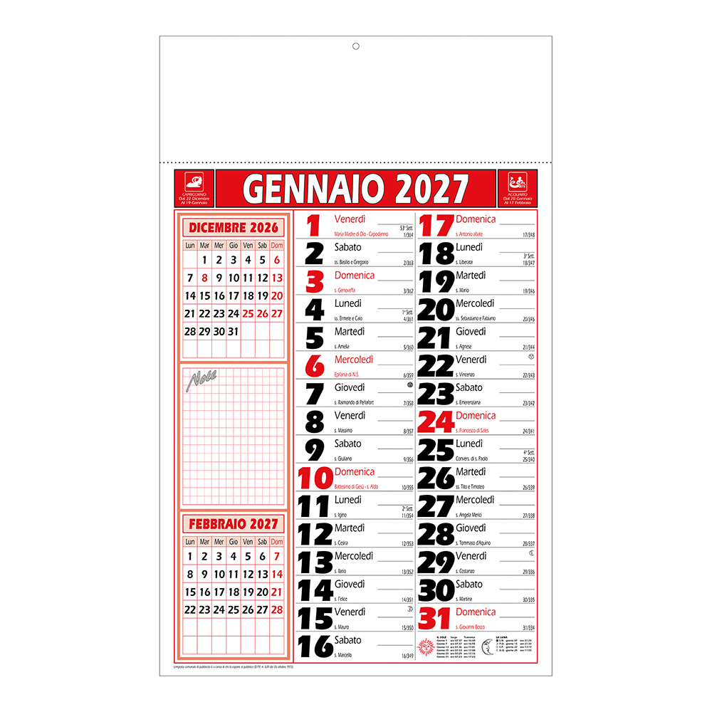 Calendario 2027 da muro mensile bicolore, 12 fogli, su carta patinata, termosaldato