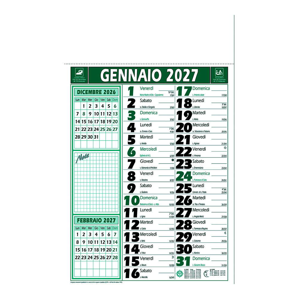 Calendario 2027 da muro mensile bicolore, 12 fogli, su carta patinata, termosaldato