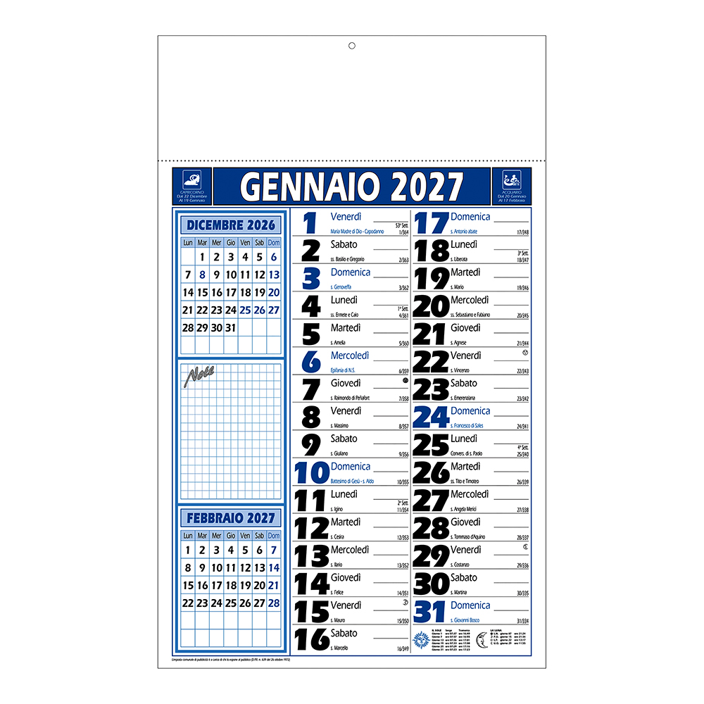 Calendario 2027 da muro mensile bicolore, 12 fogli, su carta patinata, termosaldato