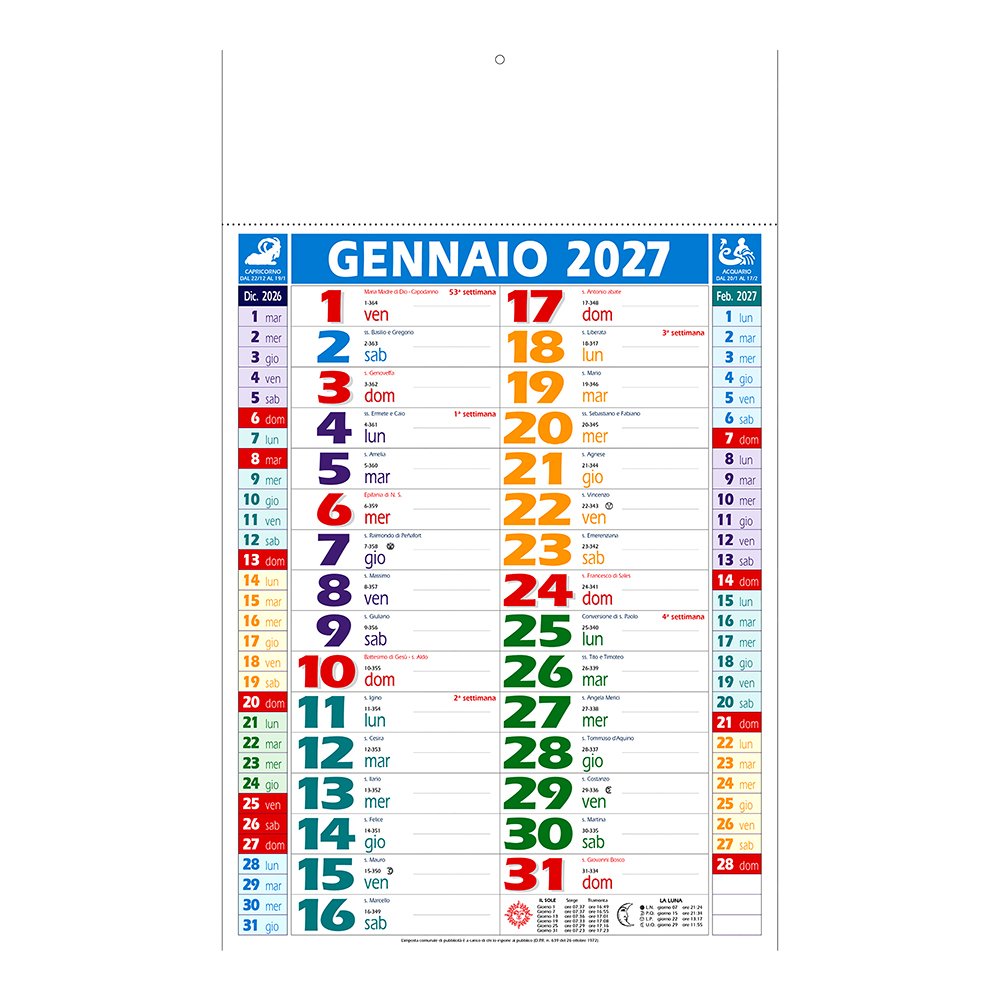 Calendario 2027 da muro mensile multicolore, 12 fogli, su carta patinata, termosaldato